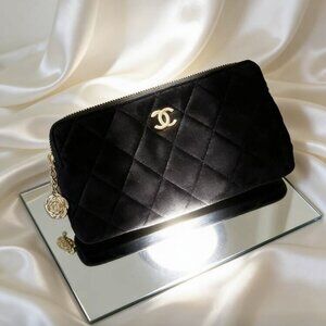 Chic Chanel Velvet Cosmetic Bag with Gold Accents